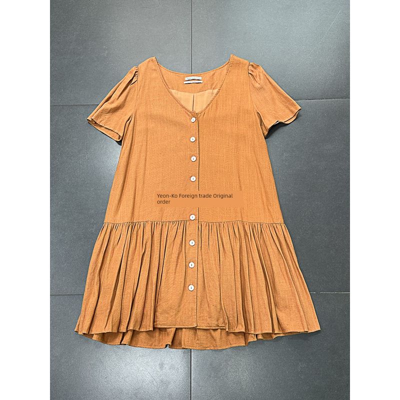 

Export Single UO Home Pure Original 30% Linen Plaid Loose Version Ruffles Simple Dress Caramel yellow S