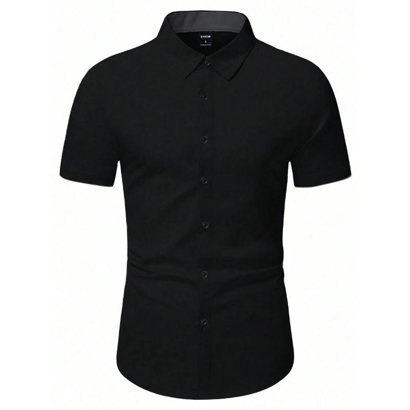 New Summer Men Clothes Spell Color Short Sleeve Shirt Men Lapel Fashion 100% Polyester Shirt Tops