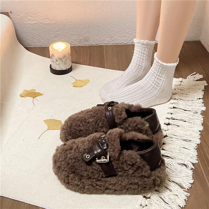 Women's Cold Fall and Winter New Thick Bottom Heightened Padded Warm Home Non-slip Stirrups Comfortable Plush Single Shoes