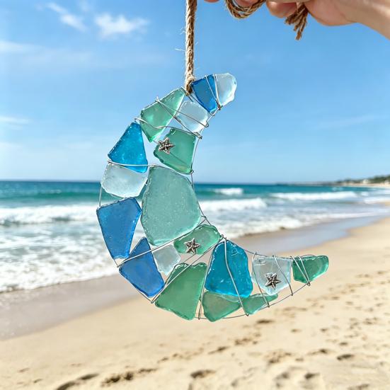 Handmade Moon Shape Sea Glass Ornament Coastal Style Crescent Moon Hanging Decoration for Tree Holiday Home Decor Gift for Beach Lovers