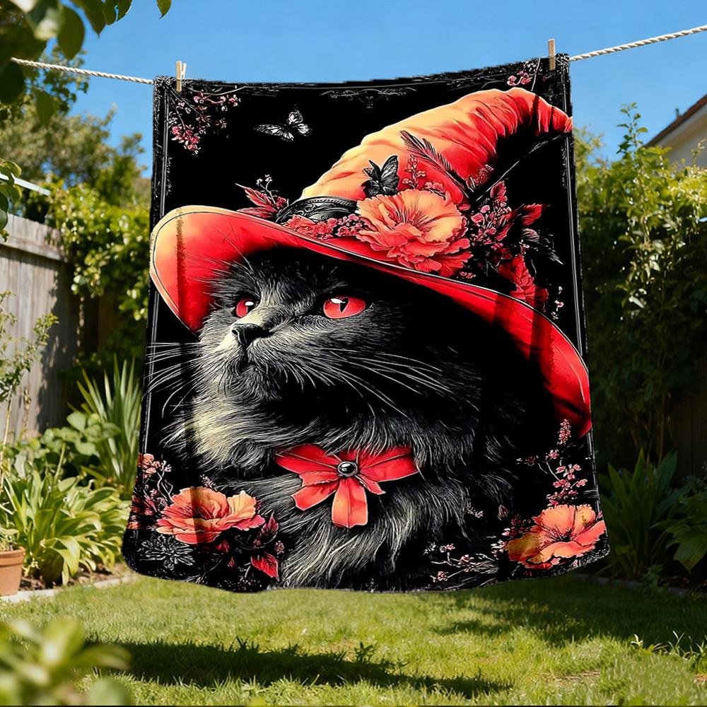 

1pc Floral Hat Cat Print Outdoor Blanket, Lightweight Polyester, 80x120cm
