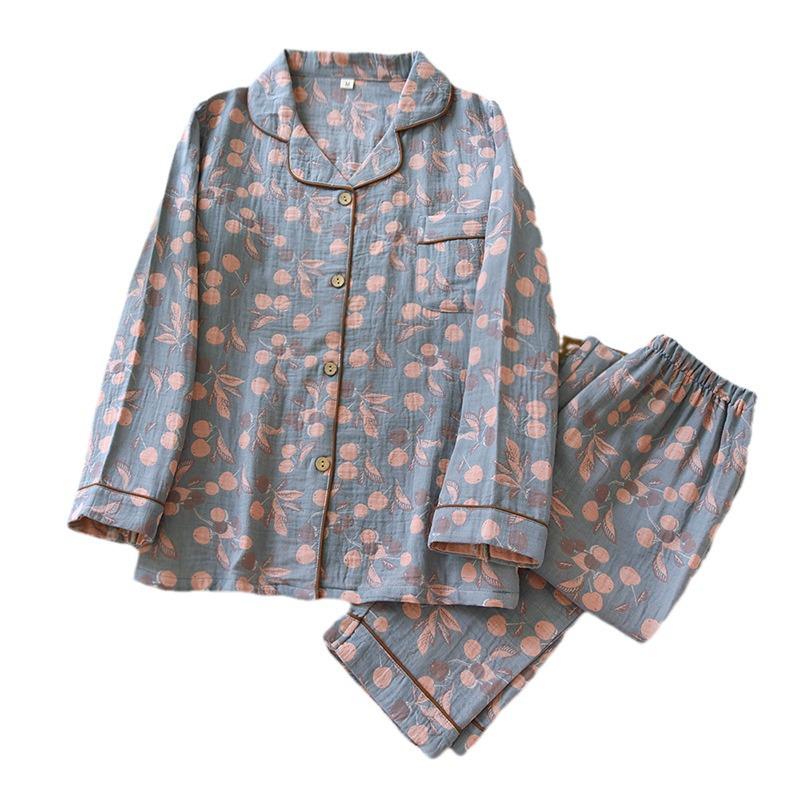 Women's Yarn-Dyed Jacquard Pajama Set: Pure Cotton Gauze, Long-Sleeved Cardigan for Spring, Summer, Autumn.