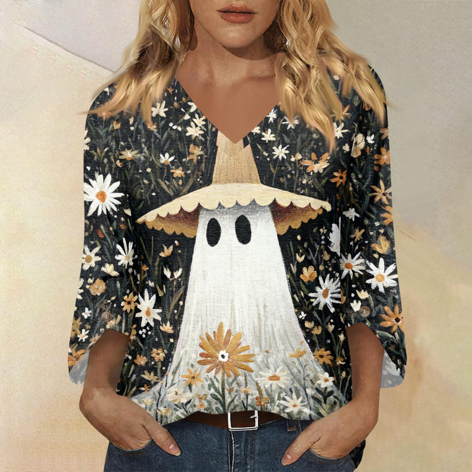 Women s Casual Halloween Print V-Neck 3/4 Sleeve Blouse Top XXL