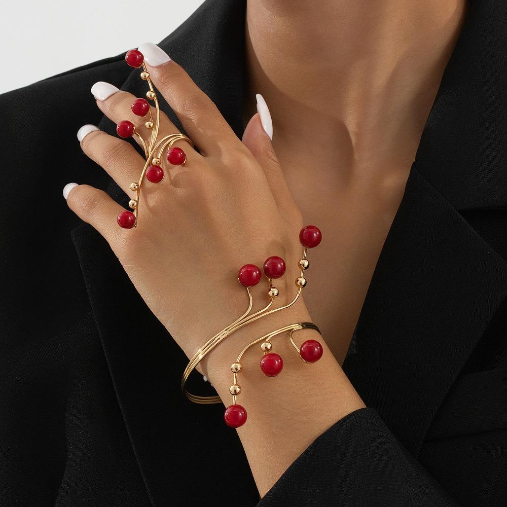 Imitation Pearl Bracelets Rings Set for Women Chunky Advanced Wrap Bracelets Ring Personality Adjustable Fit Irregular Bracelet