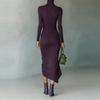Women's Color Round Neck Long Sleeved Waist Cinched Dress