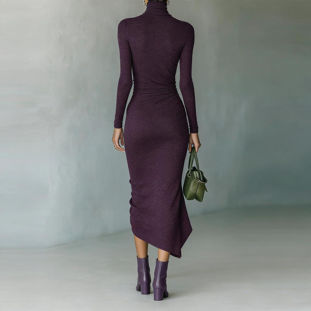 Women's Color Round Neck Long Sleeved Waist Cinched Dress