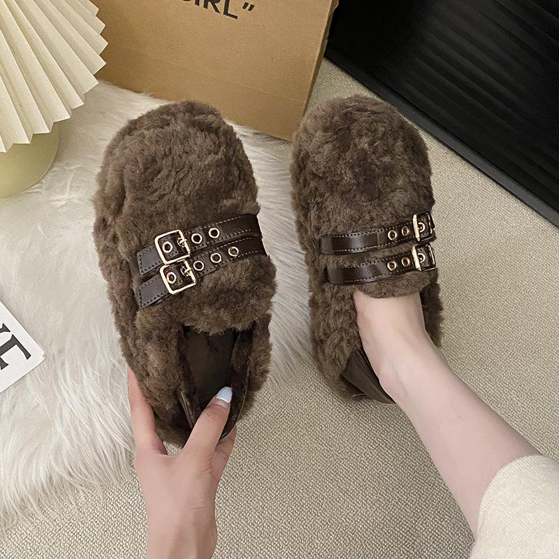 Warm Fluffy Shoes for Women with Thick Soles and Two Pedals To Wear 2025 Winter New Velvet Cotton Shoes Casual Lazy Doudou Shoes