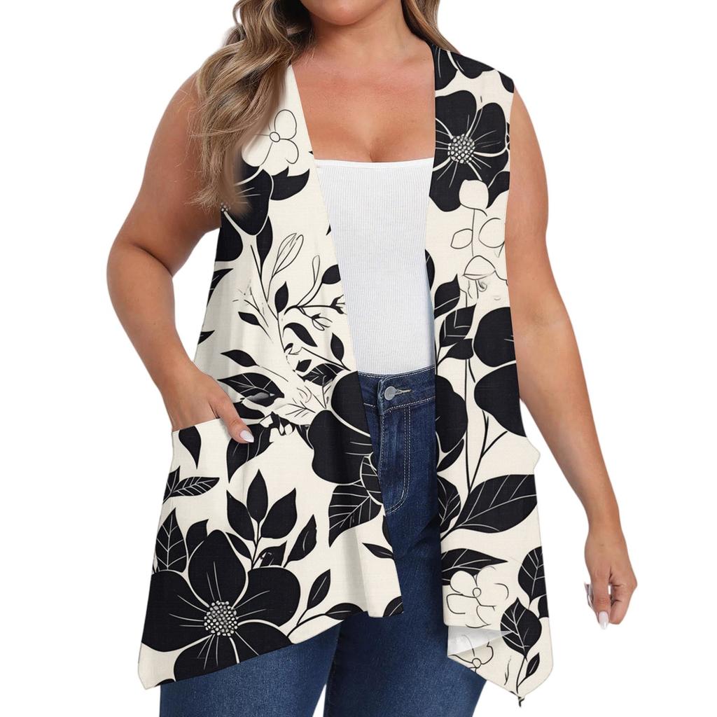 Women's Oversized Loose Casual Printed Sleeveless Vest With Pocket Cardigan Jacket Cardigan Jacket