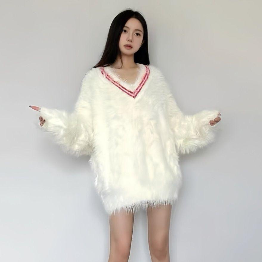 Lazy Style Soft Glutinous V-neck Sweater Women's New Thick Mink White Knitted Loose Top Long Sleeves