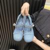 Nuevos zapatos de tacón alto de mezclilla con punta cuadrada y perlas, con tiras en los tobillos, tacón medio grueso liso, con cadena de metal, estilo retro, para uso diario, hechos a mano.