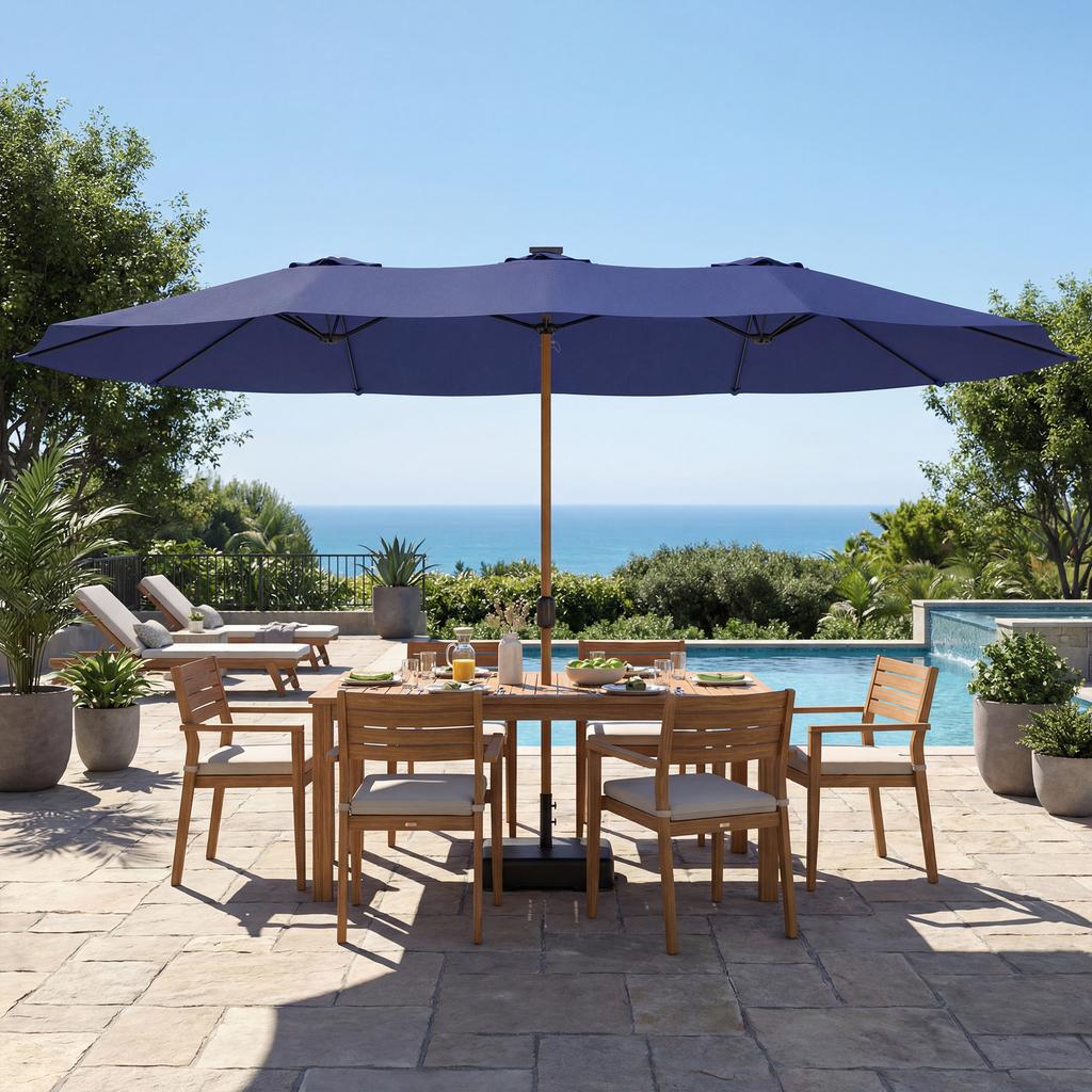 Double Garden Umbrella 4.7x2.8 M With Base Included Crank Sandbags UV Protection Waterproof Dark Blue
