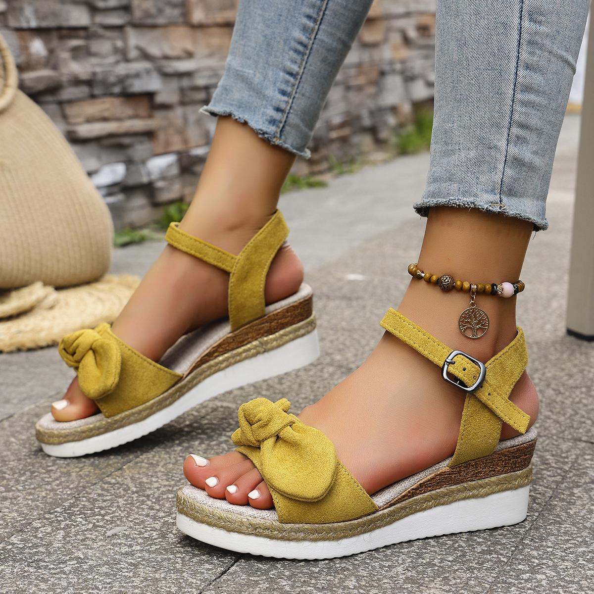 

2025 Summer New Bow Wedge Heel Sandals New Fashion Platform Thick Bottom Sandals Buckle Casual Comfortable Sandals for Shoes 37 жовтий