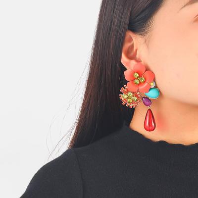 Retro Resin Flower and Diamond Earrings for Women - Autumn/Winter Collection