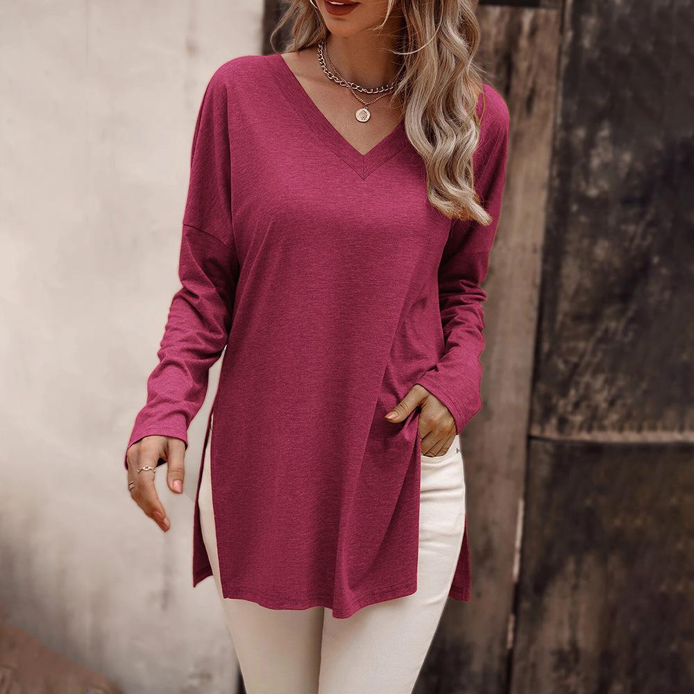 HNXC Women's Fashion Casual Summer Solid Color Print Long Sleeve V-Neck Blouses & Shirts