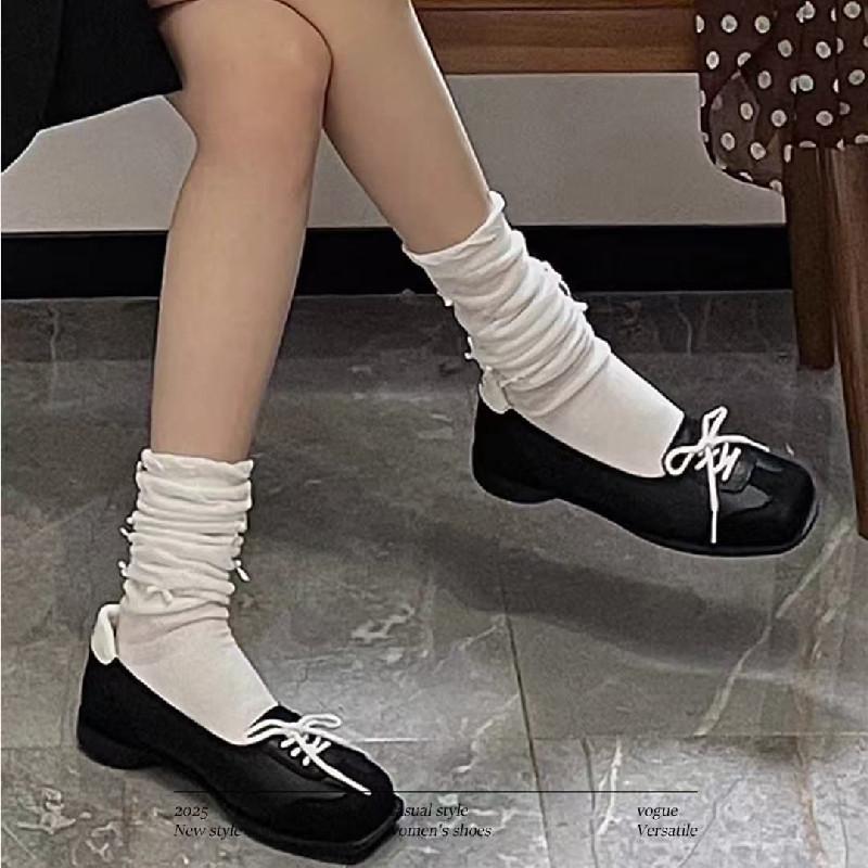 Fashion Novelty Lace Up Ballet Sneaker Flats Women Square Toe Splicing Design British Style Mary Jane Shoes Cozy Non-Slip Designer Pumps