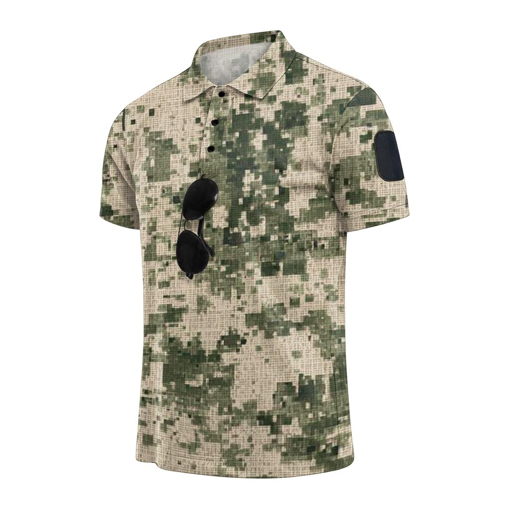 Men Tactical Polo Shirt Loose Fit Short Sleeve Breathable Outdoor Quick Dry Camouflage Print Velcro Patch Design Lapel Collar Top