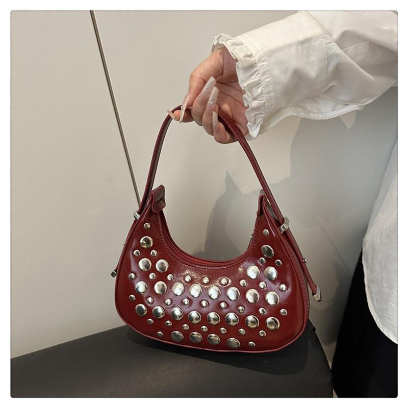 Crescent Pu Leather Bag High Quality Rivet Hobo Shoulder Bag Mini Handbag Adjustable Punk Bag For Dates Shopping Daily Use