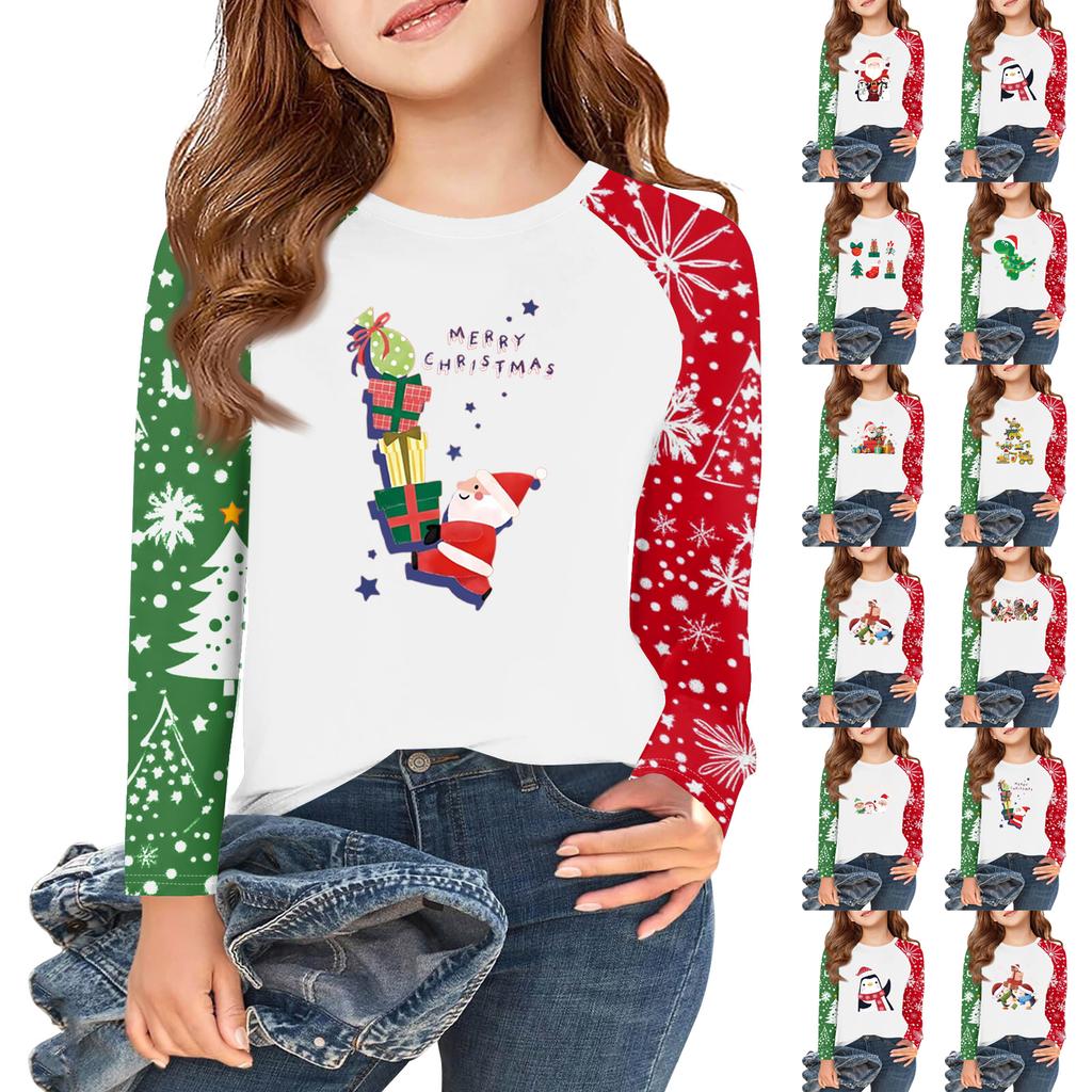 Girls Long Sleeve Christmas Day T Shirts Kids Fall Tops Crewneck Basic Tees 5-14Y