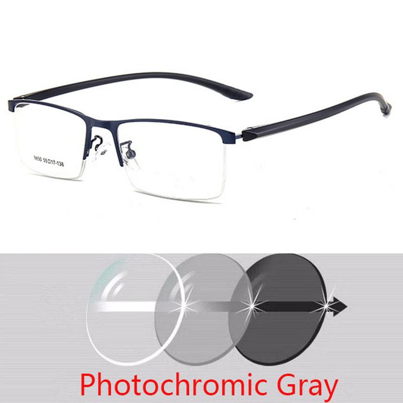 Semi-Rimless Business Metal Glasses Photochromic Lenses and Anti-UV Coating for Men Square Prescription 0 -0.5 -0.75 To -6