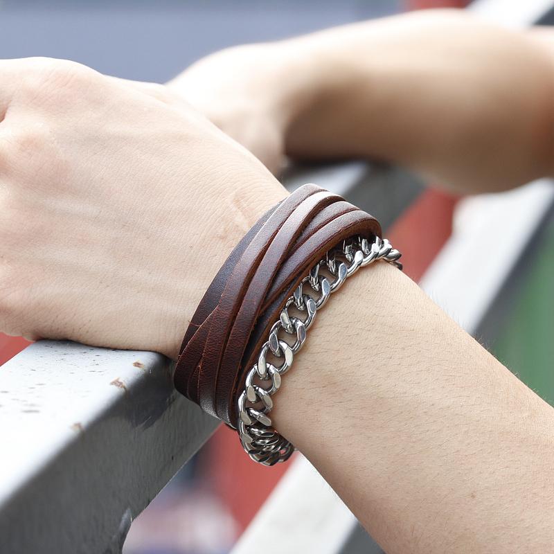 Vintage Punk Genuine Leather Bracelet Bangle for Men Handmade Leather Wristband Steampunk Motorcycle Jewelry Male Braclets