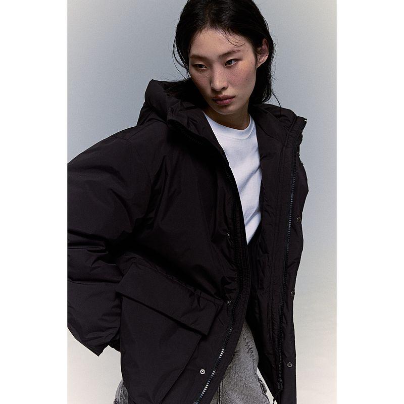 

Женский пуховик HM 2024 Зима Новое поступление На флисовой подкладке С капюшоном Ветрозащитный Гидрофобный Свободного кроя Холодозащитная одежда 1238585 Black Mid Length Long Length 170/92(S)