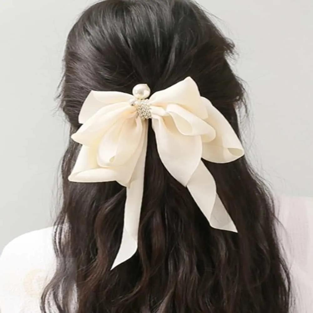 MOONH Automatic Ponytail Pin Half-Up Pin Ponytail Ribbon Pin Butterfly Pearl Ivory Automatic Hair Pin