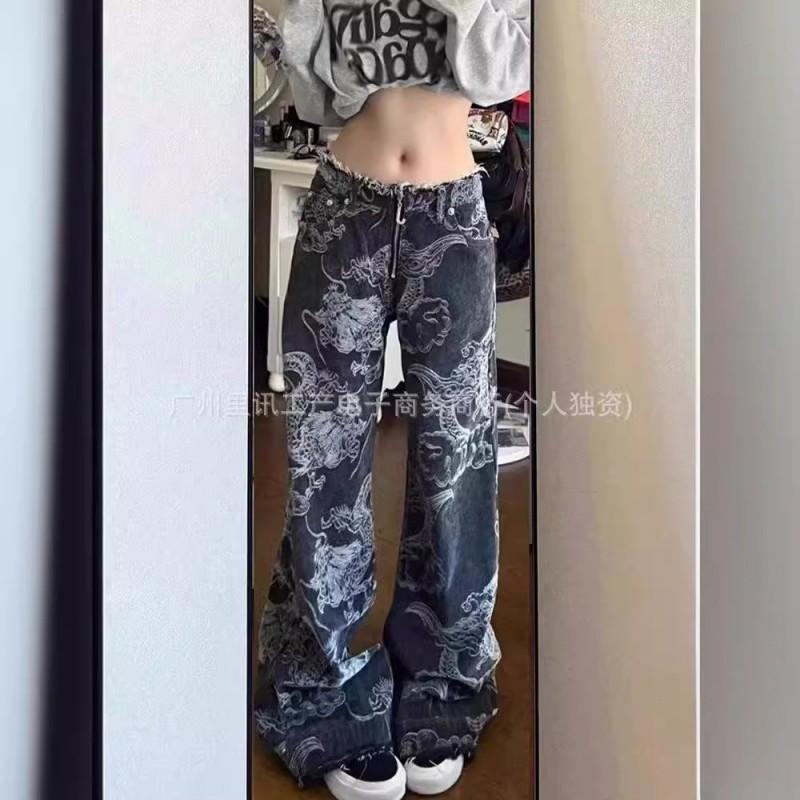 Jeans da uomo in denim a vita alta, taglio dritto ampio, con grafica stampata di drago, stile streetwear, misto cotone lavato ad acqua