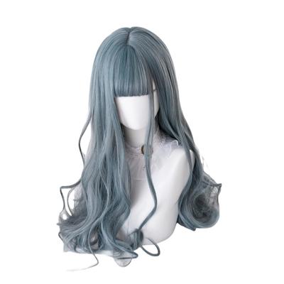 RyuuCos Lolita Long Plunging Blue Curly Seaweed Heat School Cultural Festival Wig, Hair, Curly, Bangs, Wig, Hair, Blue, Cosplay, Resistant, Disguise,