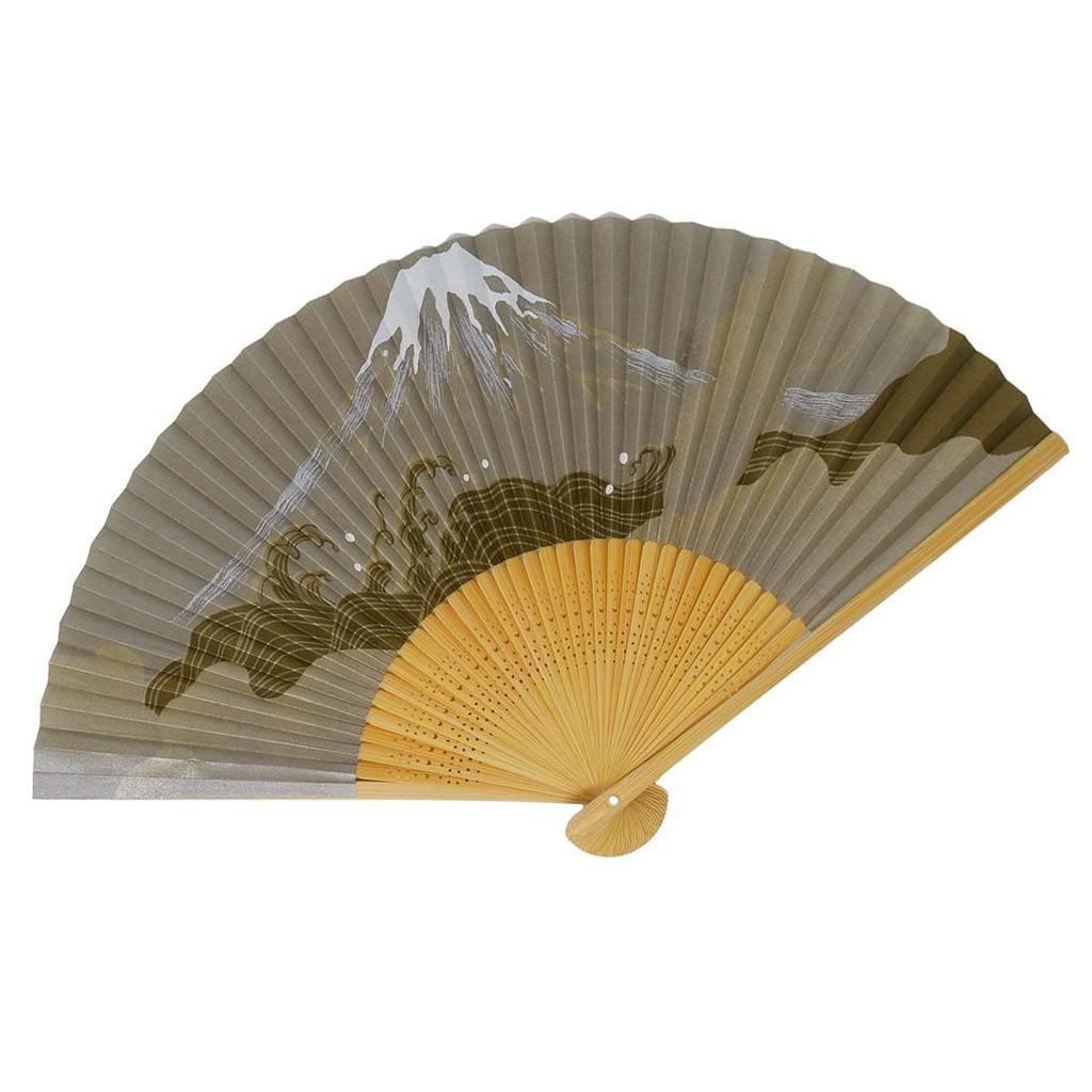 painted fan with featuring a design of Mount Fuji on a gold pearl High-quality fragrance, background.