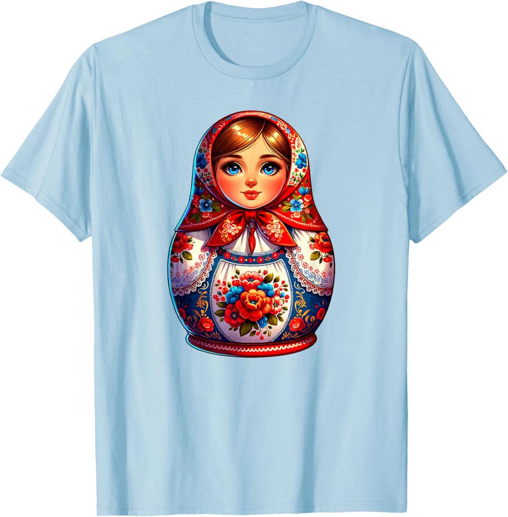 Matryoshka Doll Russian Folk Art Print Short Sleeve Graphic Tee Men Casual Breathable T-Shirt
