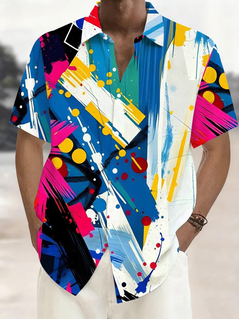 Men'S Colorful Graffiti 3D Printed Short-Sleeve Hawaiian Shirt, Perfect for Casual Wear On Spring And Summer Beach Holidays