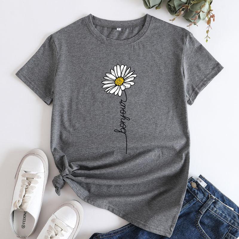 Summer Round Neck Daisy Pattern Printed Top Fashionable Casual Short Sleeved Women's Pure Cotton T-shirts