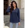 Solid Color V Neck Button Decor Loose Long Sleeve Casual T Shirt Top