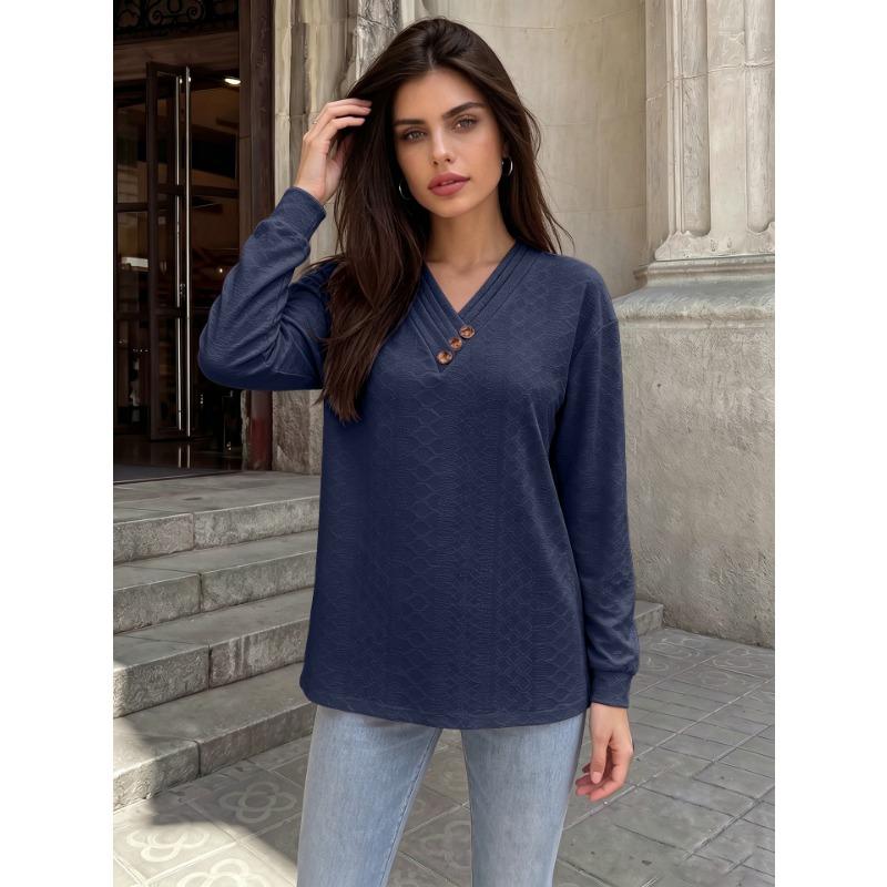 Solid Color V Neck Button Decor Loose Long Sleeve Casual T Shirt Top