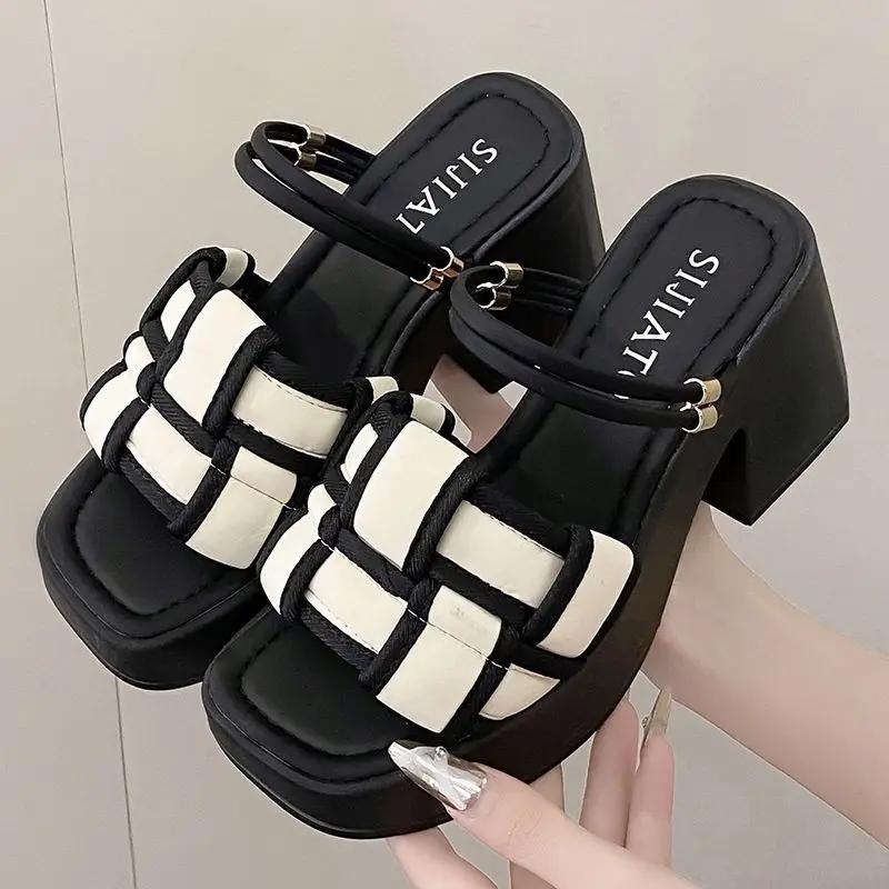 Fashion Square Heels Open Toe Sandals for Women Vintage Cheap Liquidation Designer On Offer Luxury 2025 Casual Summer Woman Shoes Sale