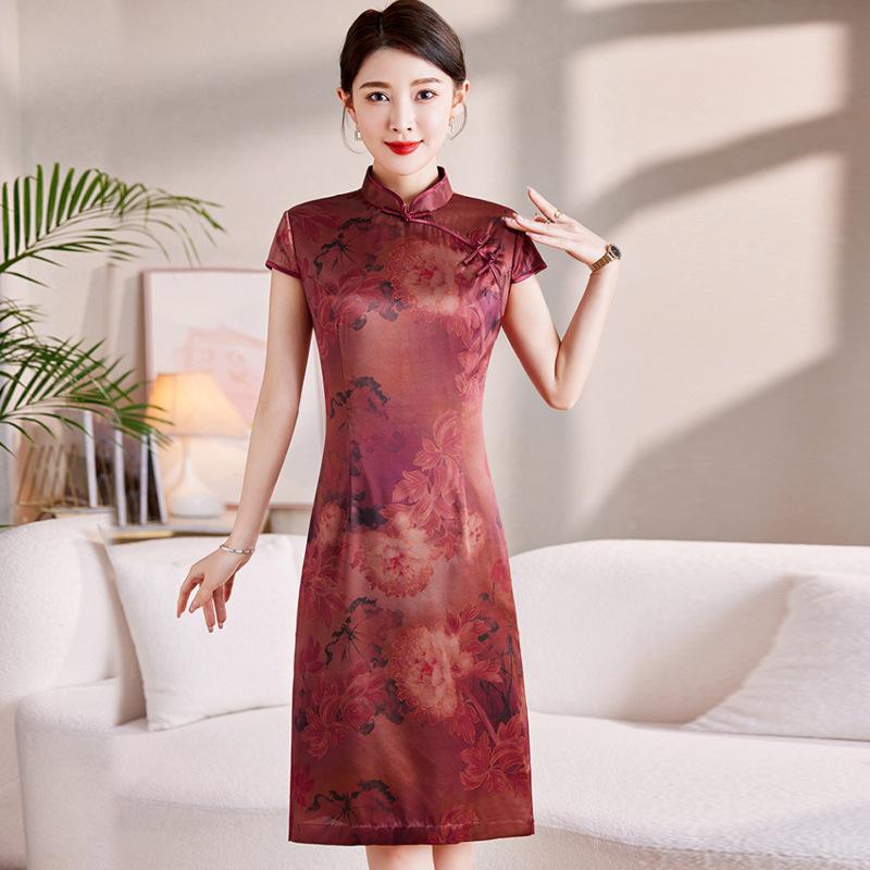 Women's Silk Dress Summer New High-end Luxury Silk Cheongsam Skirt