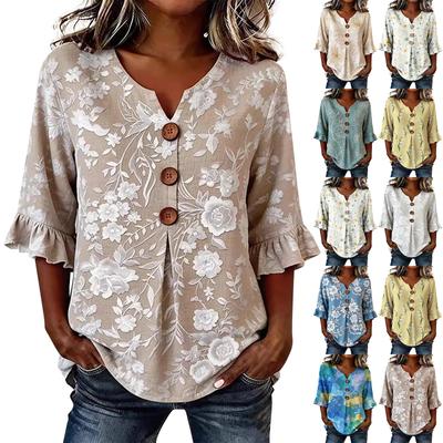 Women V Neck Floral Print Button Front Loose Fit Blouse Ruffle Sleeve Casual Top for Everyday Wear