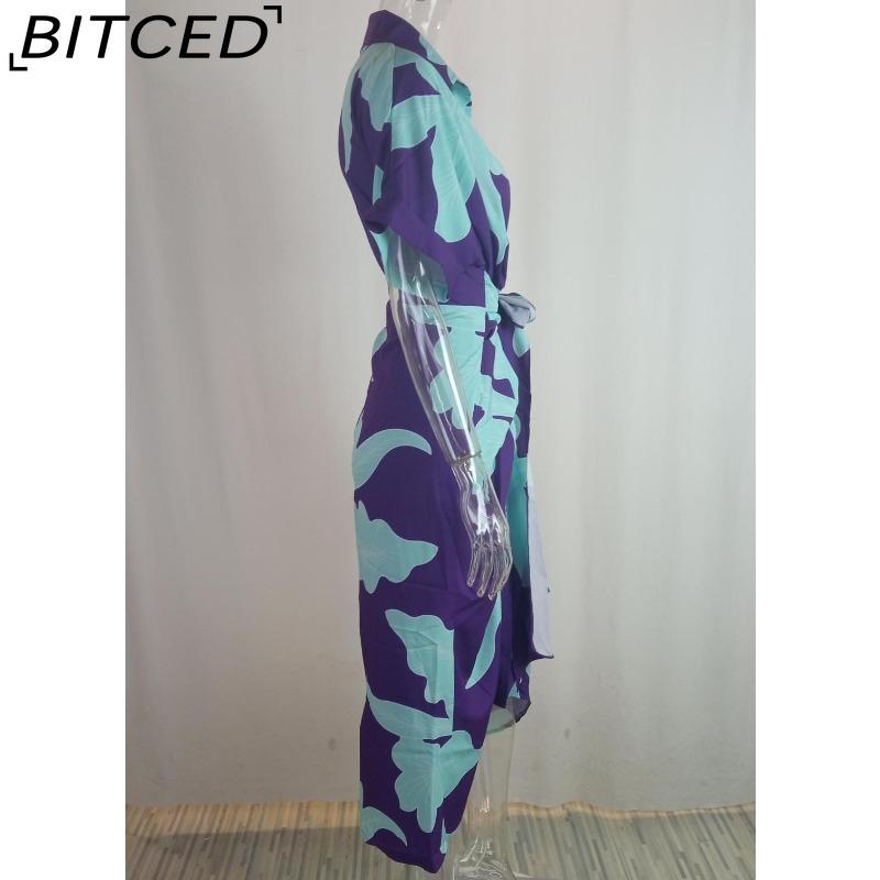 BITCED Damen Hemdkleid mit Kragen, mittellang, kurzärmelig, einreihig, hoch tailliert, Frühling