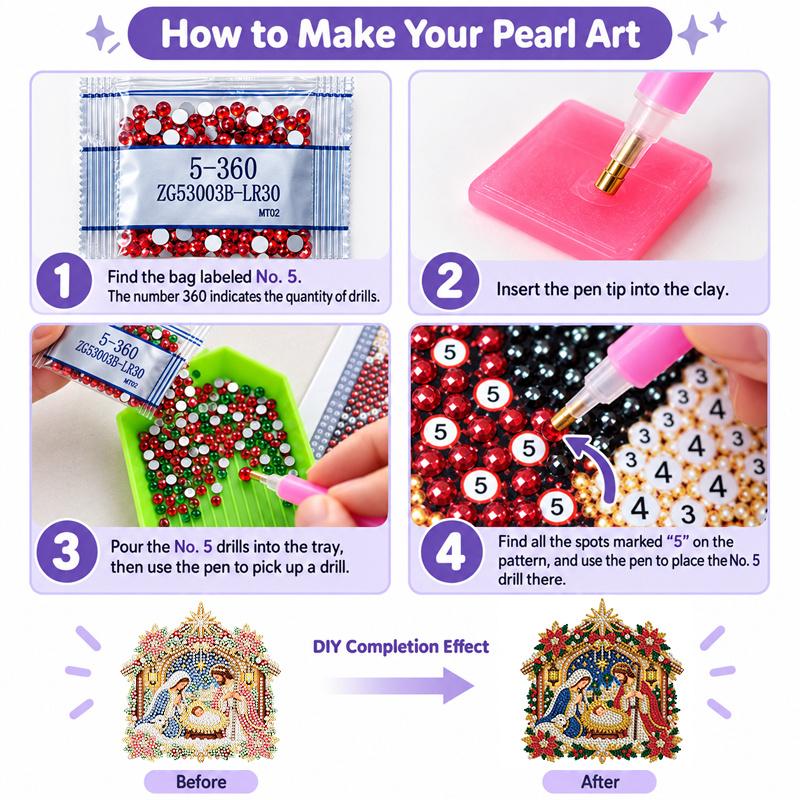 2D Flat Nativity Scene Pearl Diamond Painting Hanging Ornament, Mixed‑Sized Pearl Beads Craft Acrylic Hanging Kits, 9.72Inch/7.76Inch Two Sizes