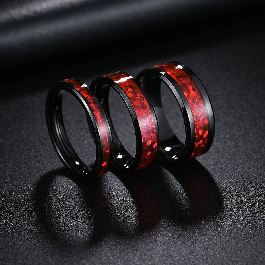 Fashion 4/6/8mm Black Titanium Stainless Steel Wedding Rings Inlay Imitation Red Opal Rings For Men Women Wedding Band Jewelry