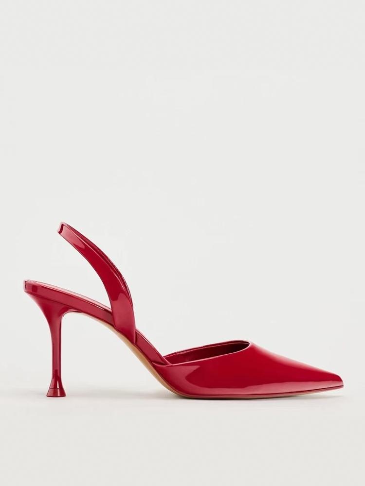 Fashion New Women's Shoes In Red Patent Leather with Shiny Surface, Pointed Temperament, Slim High Heels, Mueller Shoes, Hollow Sandals