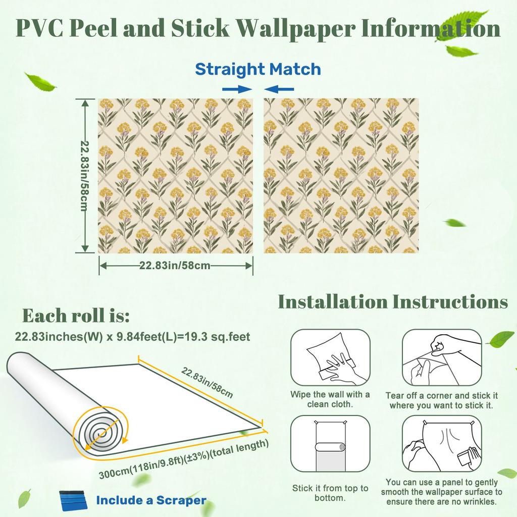 Vintage Floral Wallpaper 22.83"X118" Waterproof Wallpaper for Living Room/Bedroom/Bathroom PVC Wall Sticker