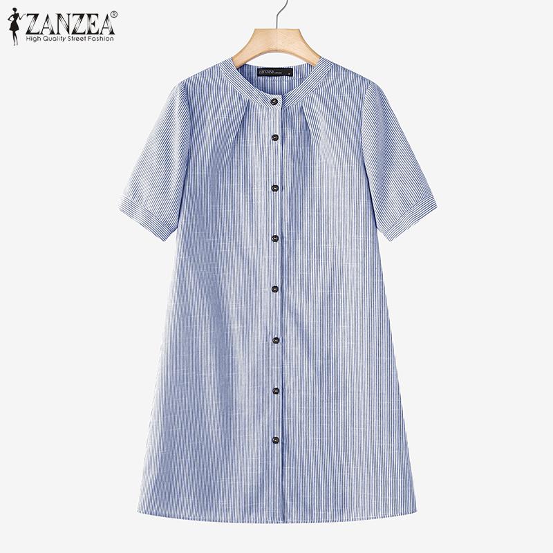 ZANZEA Women Round Neck Short Sleeve Striped Casual Shirts Dress
