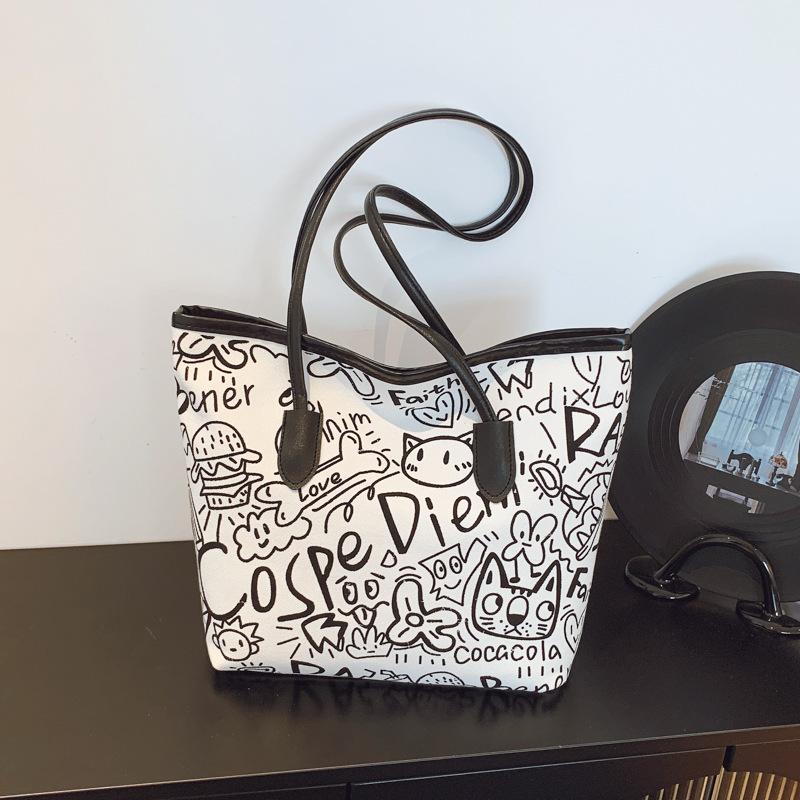 Graffiti Tote Bag Niche Design Handheld Cloth Bag Women's Bag Autumn New Casual Shoulder Bag Large Capacity Underarm Bag
