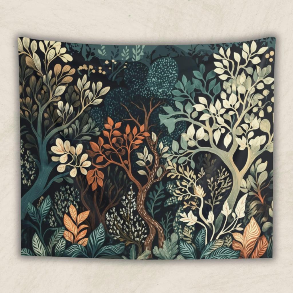 2D Flat Printed Enchanted Forest Leaves Floral Art Tapestry Peach Skin Wall Decor Bedroom Living Room Home Aesthetic Backdrop
