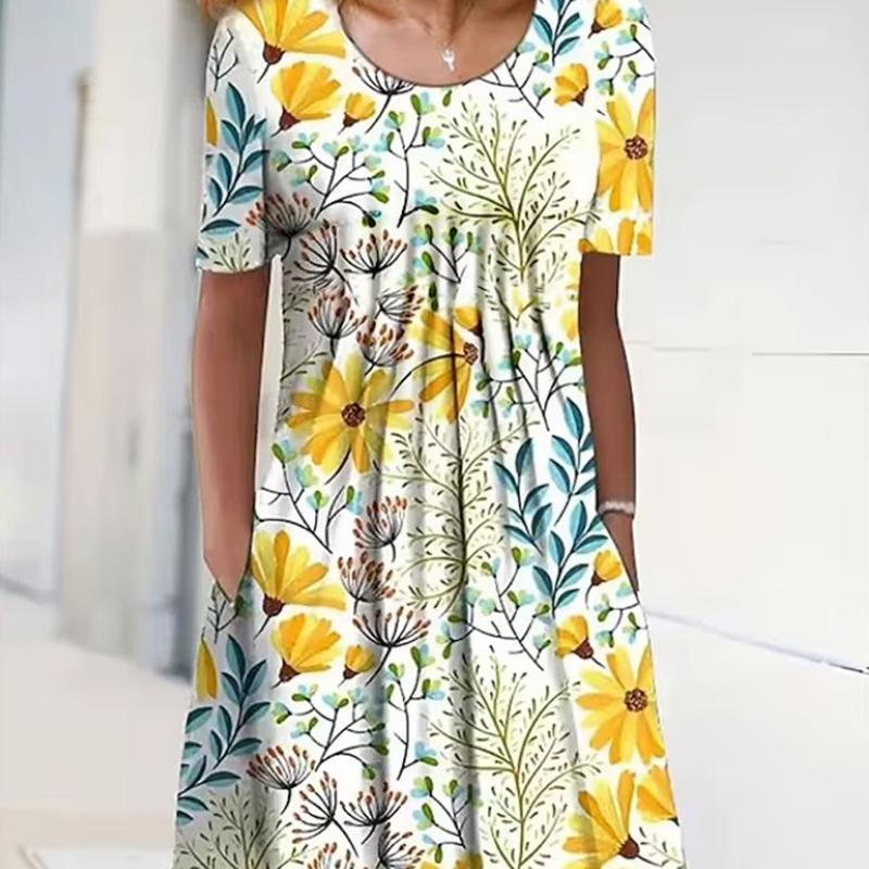 Spring and Summer Floral Print Crew Neck Pocket Women's Fashion Casual Crew Neck Trend Print Medium and Long Dress