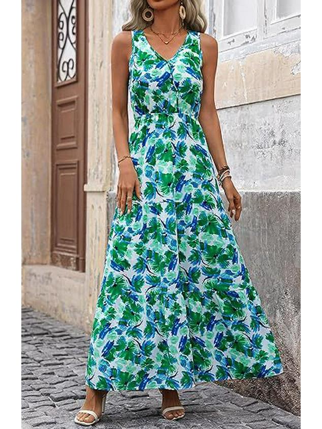 2026 V-Neck Sleeveless Print Dress with Elastic Waist - European & American Style