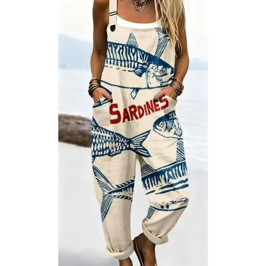 Women's Sleeveless Mid Rise 3D Digital Print Loose Casual Overalls Jumpsuit For Summer
