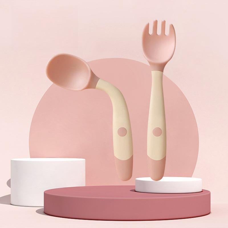 Children Learn To Eat Training Tableware Twist Fork Spoon Silicone Soft Spoon Baby Bendable Spoon розовый