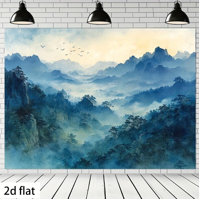 

2D Flat Polyester Wall Tapestry JapaneseInspired Mountain Valley Scene with Misty Mountains Crows and Lush Greener 74x94cm(29x37in)
